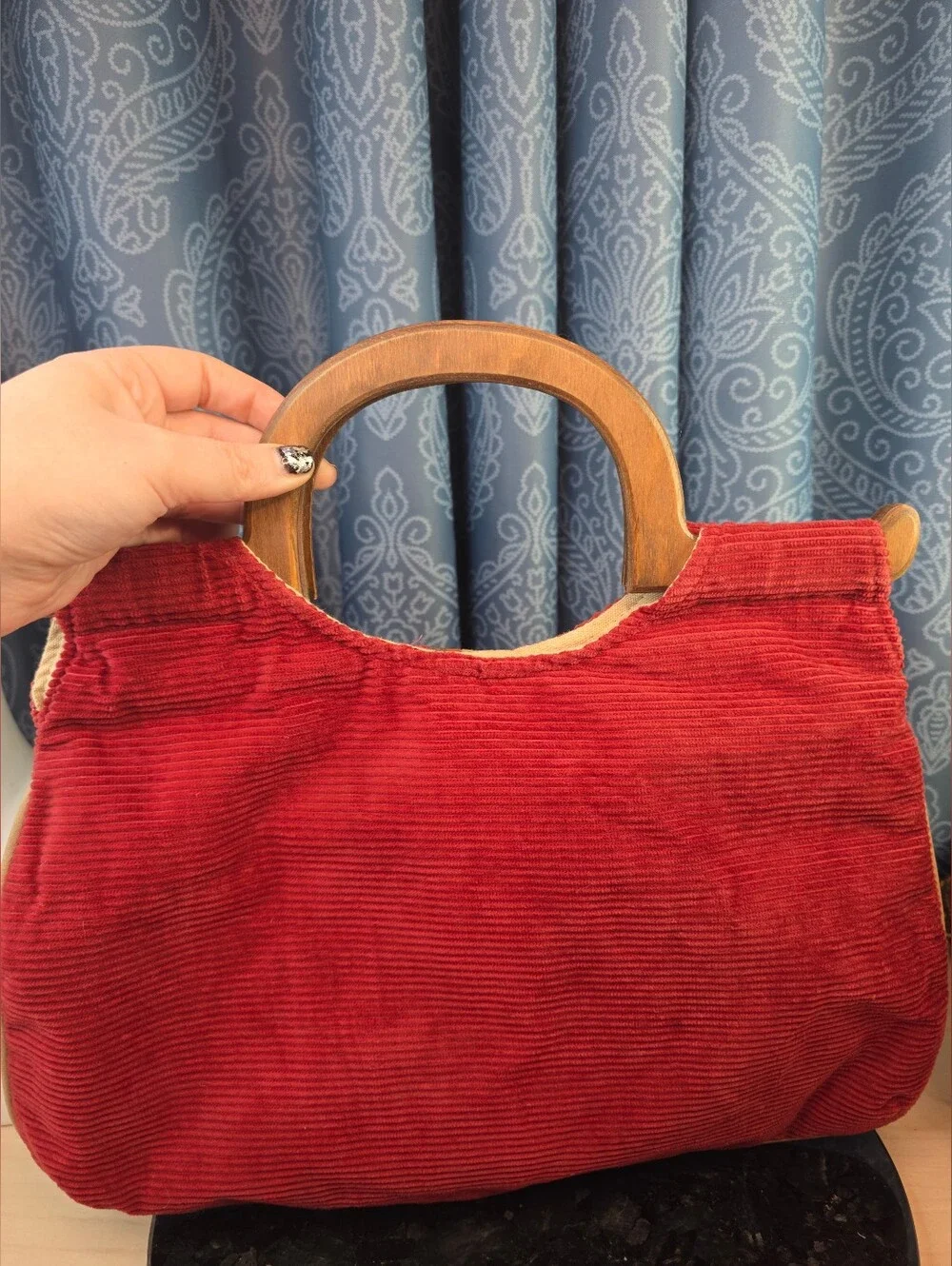 Vintage Red Corduroy Handbag/Satchel/Tote with Wooden Handles